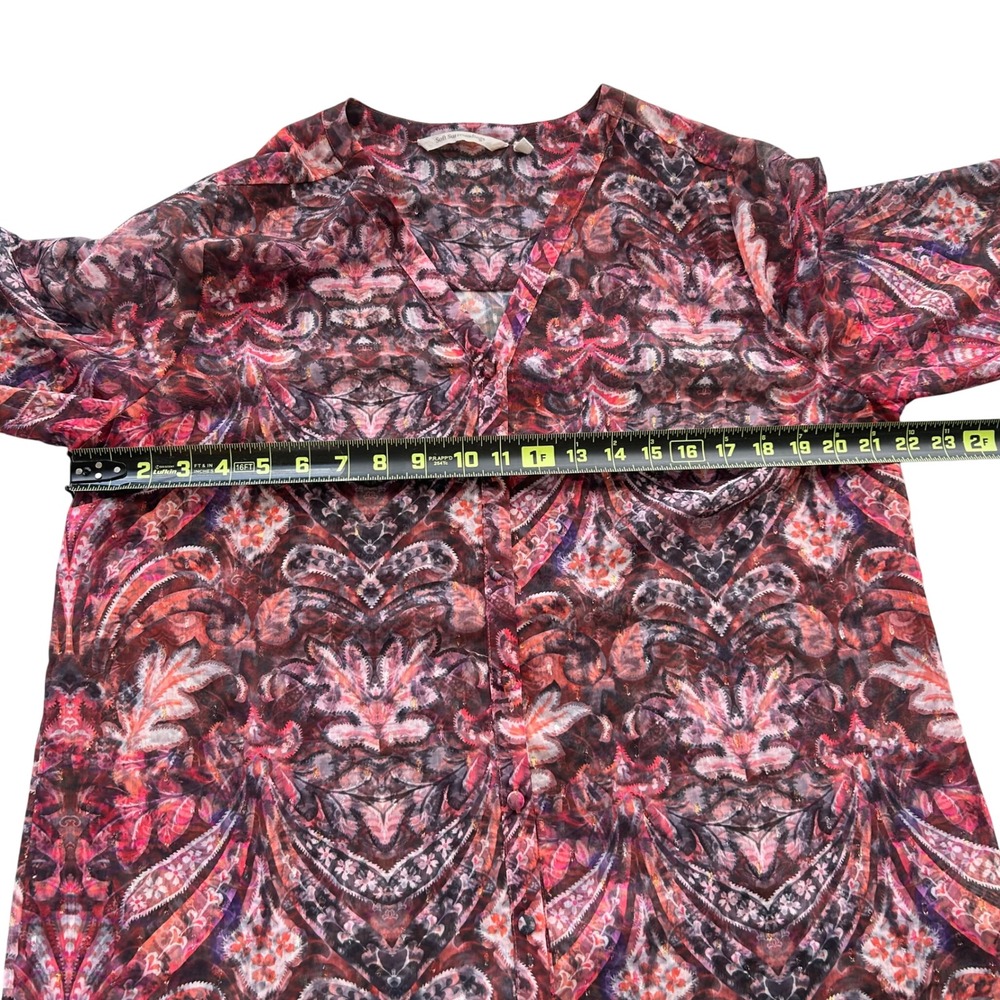 Soft Surroundings Blouse Women Large Burgundy Paisley Metallic Shimmer Sheer Top - Picture 6 of 9
